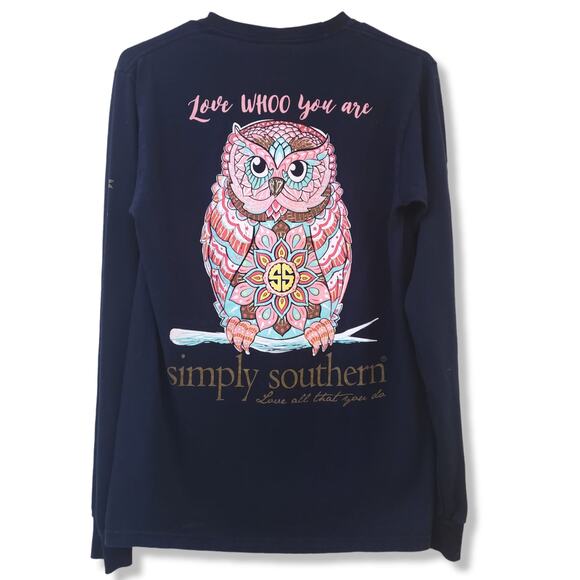 Simply Southern Women's SMALL Owl Long Sleeved Tee Navy - Picture 1 of 4